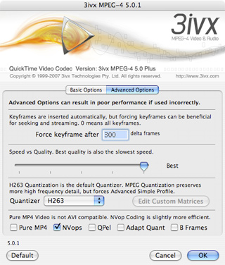 3ivx MPEG-4 5.0 for Mac OS - Advanced Options